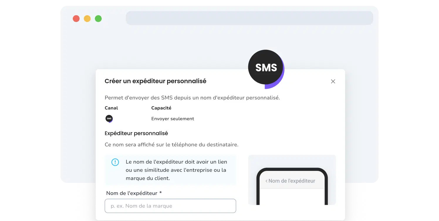 Capture d'écran de la page de configuration de l'expéditeur SMS de marque via l'API d'envoi SMS de TopMessage.