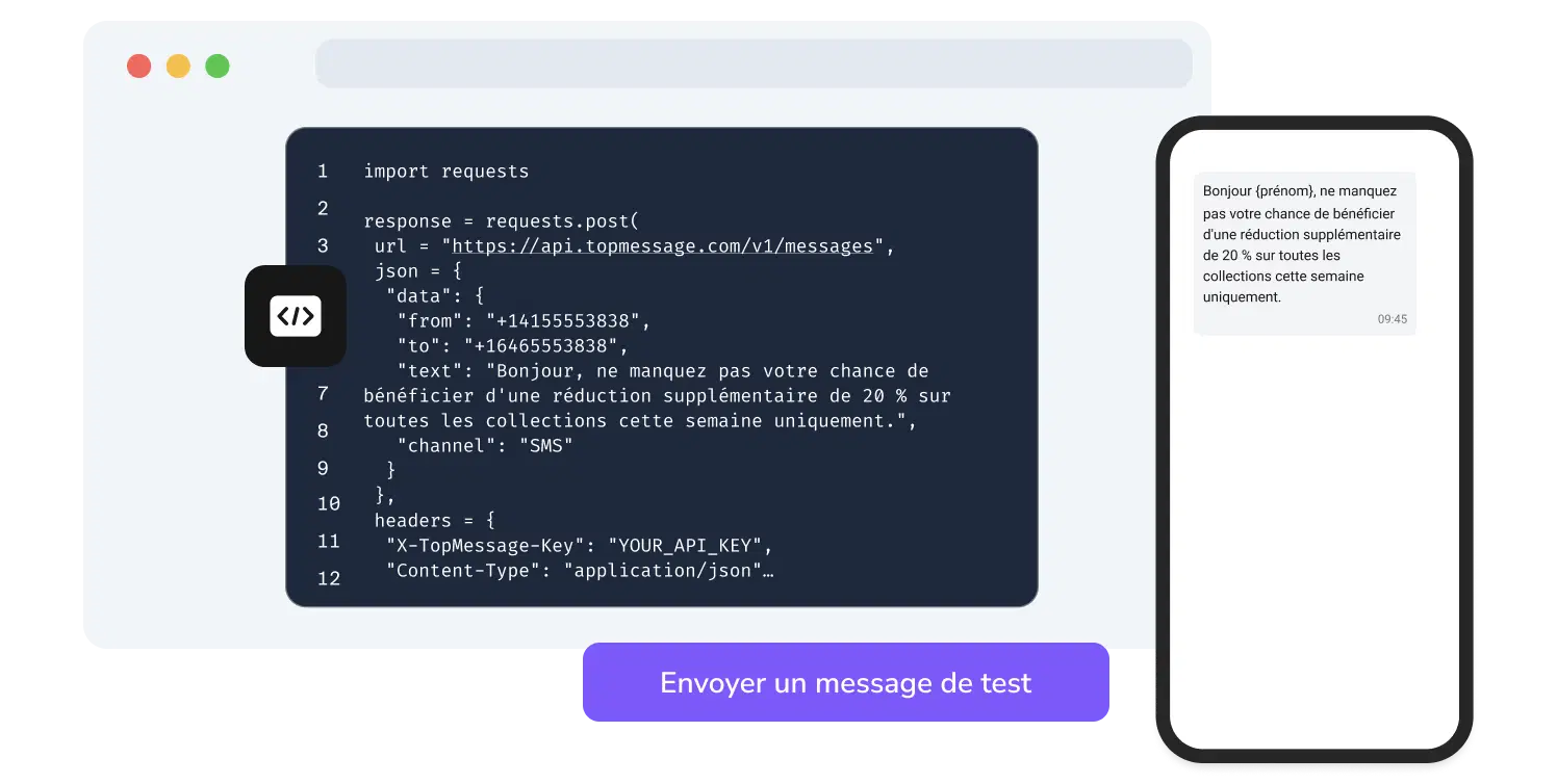 Capture d'écran de la page API d'envoi SMS de TopMessage avec la fonction de test du code SMS.