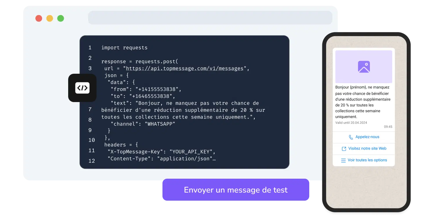 Capture d'écran de la page API de TopMessage avec l'outil de test pour le code WhatsApp.