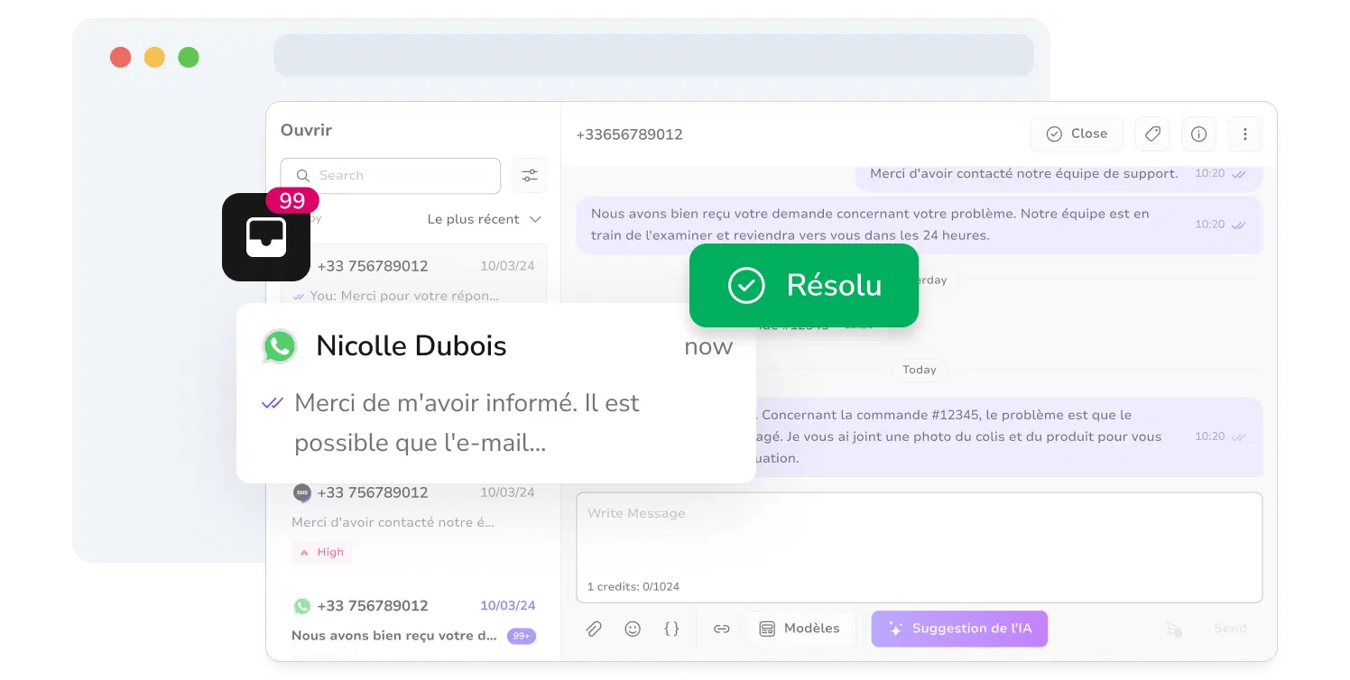 Capture d'écran de la boîte de réception WhatsApp de TopMessage montrant les conversations résolues pour la gestion de WhatsApp.