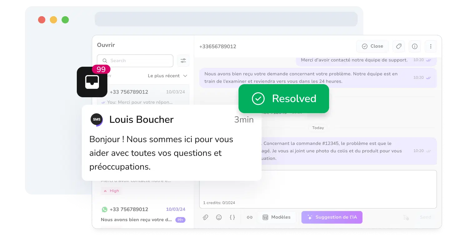 Capture d'écran de la boîte de réception unifiée de TopMessage avec les conversations SMS résolues.