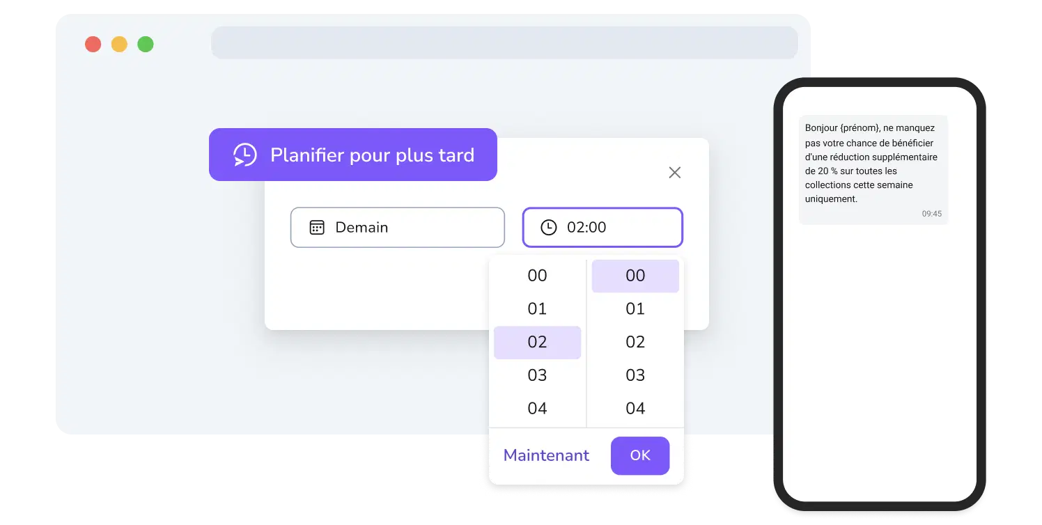 Capture d'écran de la page de campagne SMS sur TopMessage, incluant une option de planification.