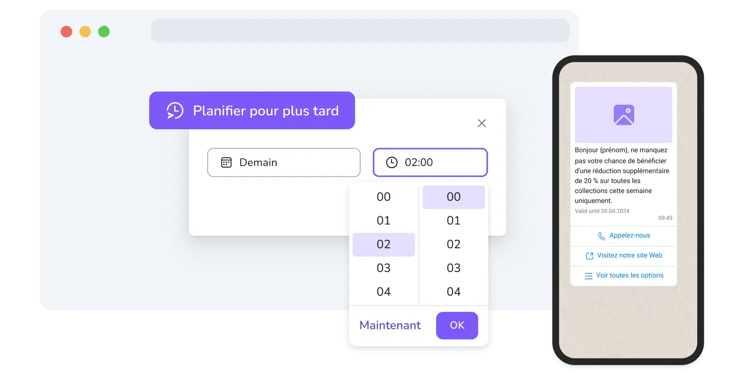 Capture d'écran de la page de campagne WhatsApp de TopMessage, incluant une fonctionnalité de planification.