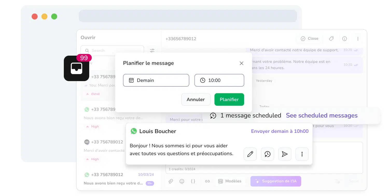 Capture d'écran de la boîte de réception WhatsApp de TopMessage avec la fonction de planification pour la gestion de WhatsApp Business.