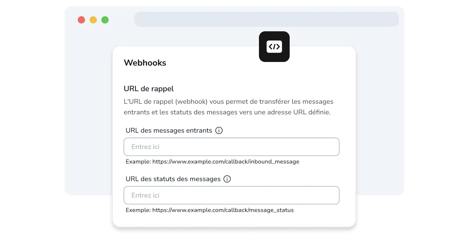 Capture d'écran de la page API de TopMessage affichant les champs de configuration des webhooks pour l'API d'envoi SMS.