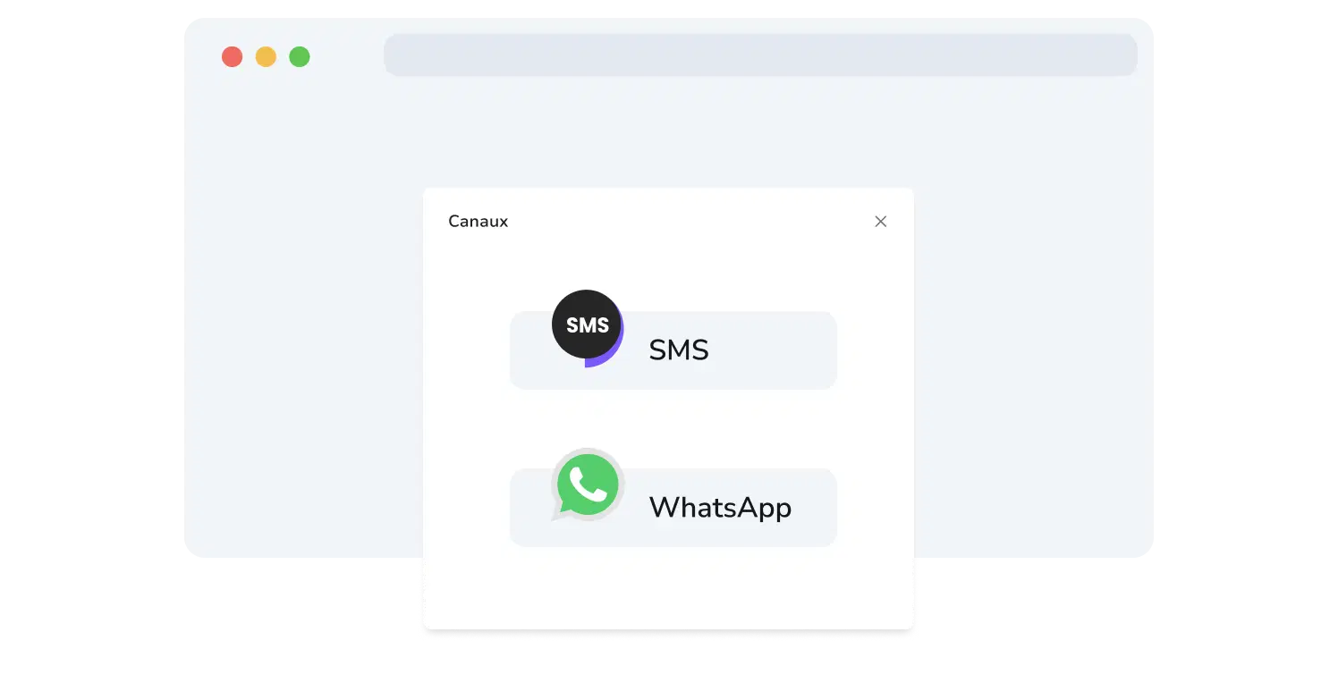 Capture d'écran de la page permettant de sélectionner les canaux WhatsApp et SMS de TopMessage.