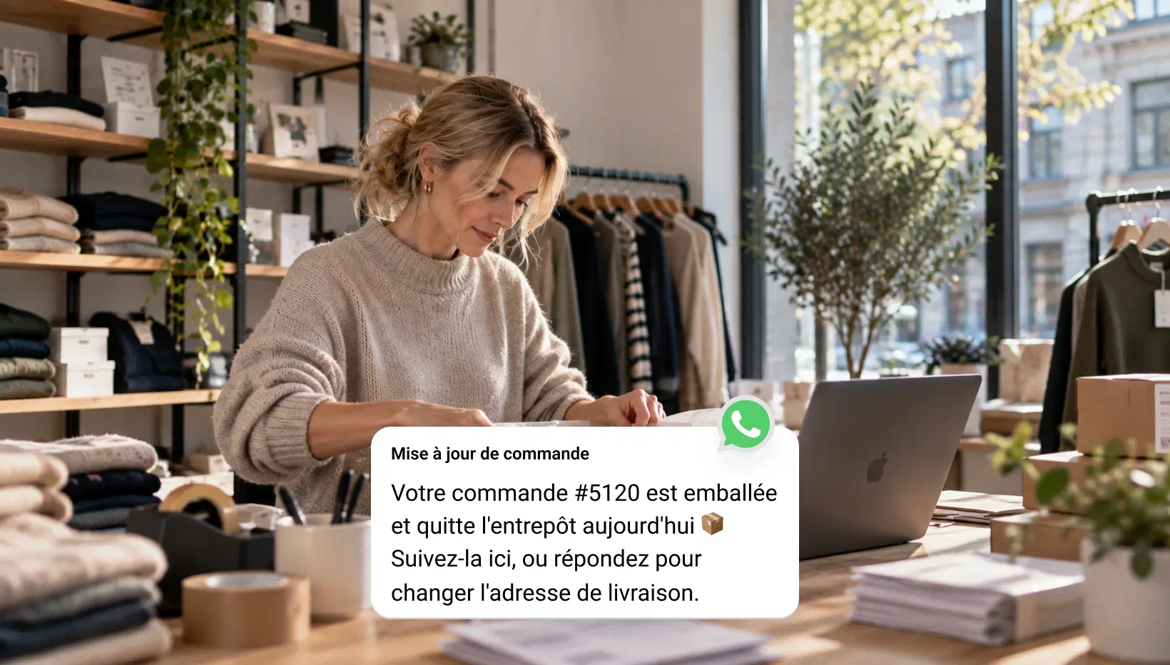 Acheteuse en ligne ouvrant un message de campagne WhatsApp sur son téléphone
