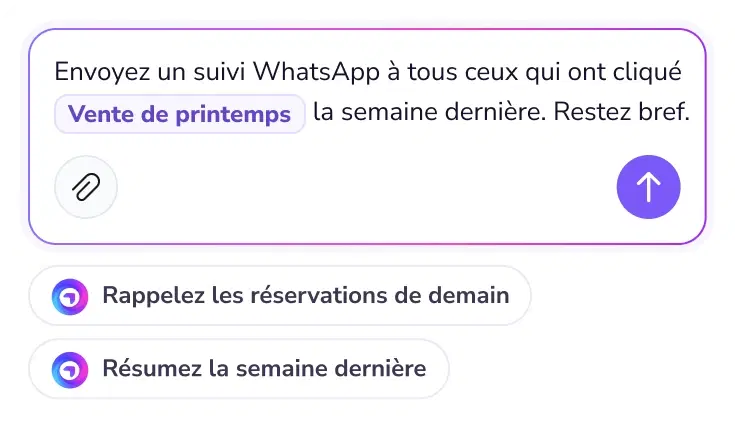 Champ de saisie demandant à TopAgent de préparer un suivi WhatsApp