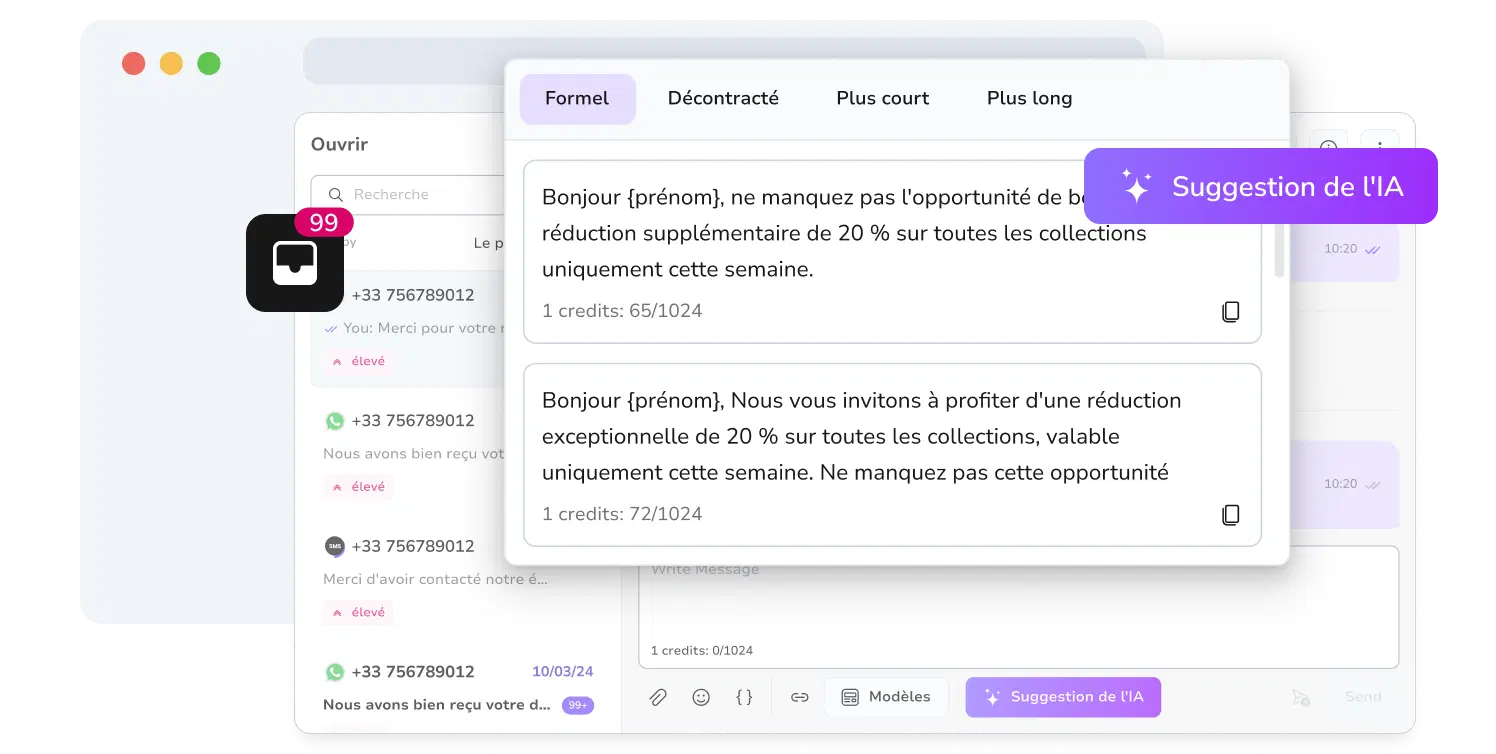 Capture d'écran de l'outil d'assistance IA de TopMessage pour la gestion des messages WhatsApp.