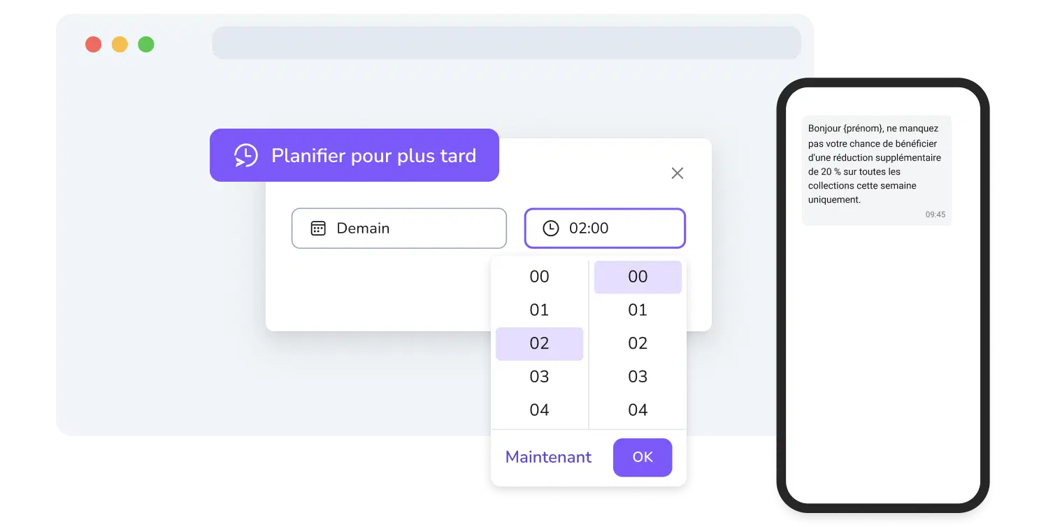 Capture d'écran de la page de campagne SMS sur TopMessage, incluant une option de planification.