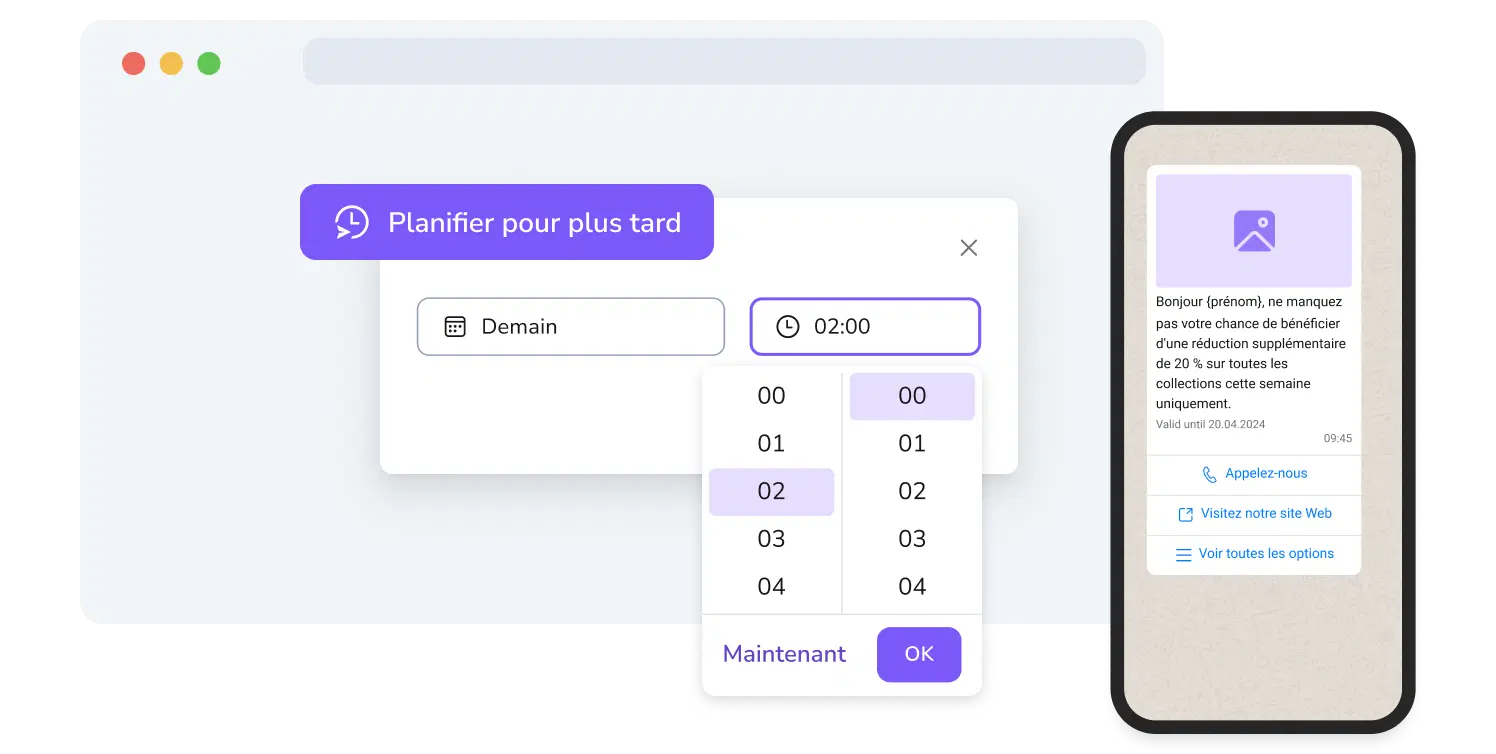 Capture d'écran de la page de gestion des campagnes WhatsApp sur TopMessage, incluant la fonctionnalité de planification.