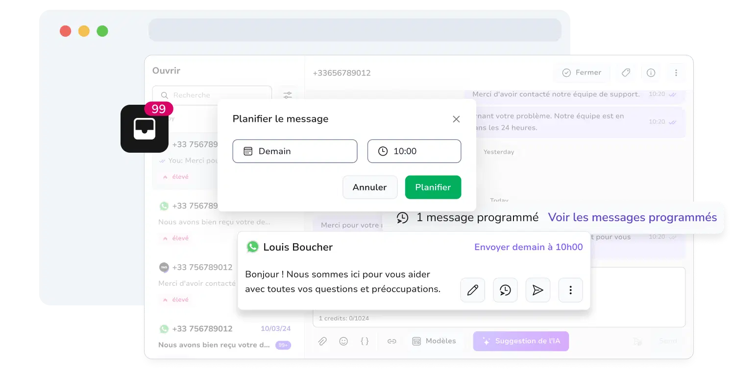 Capture d'écran de la boîte de réception WhatsApp de TopMessage avec la fonction de planification pour la gestion de WhatsApp Business.