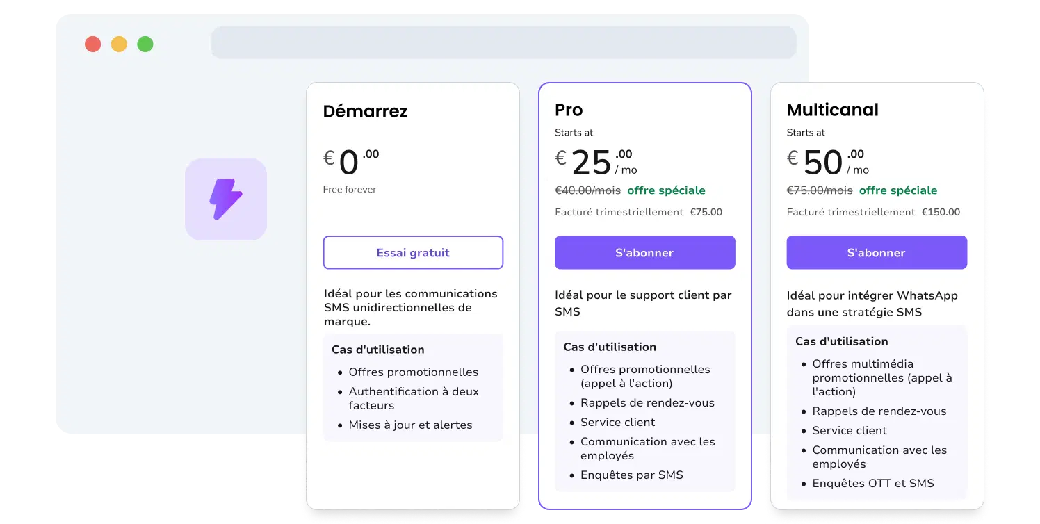 Capture d'écran de la page des options tarifaires de TopMessage avec les services API WhatsApp.