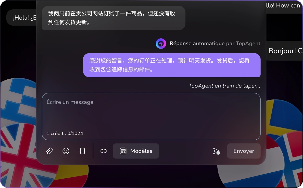 Visuel montrant un support client multilingue piloté par l'IA, capable de comprendre et de répondre aux demandes.