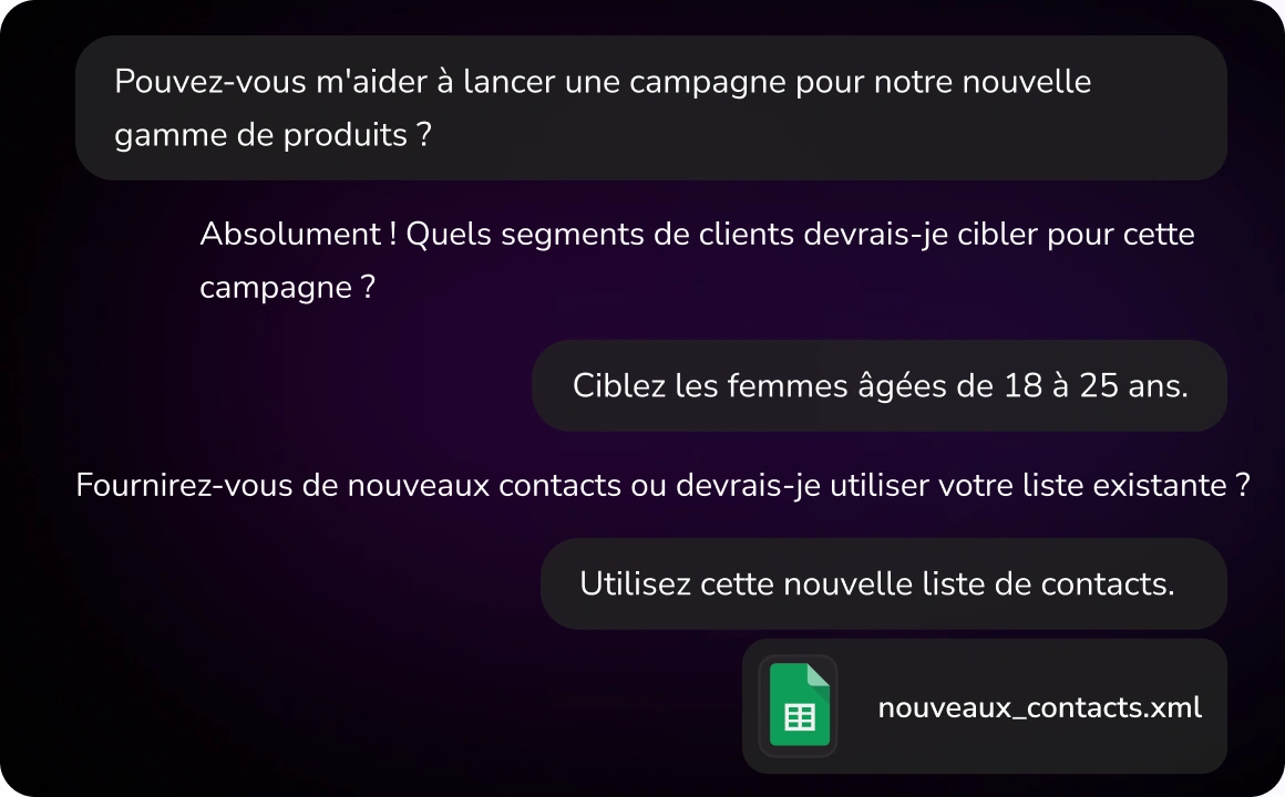 Capture d'écran de l'interface TopMessage TopAgent invitant l'utilisateur à fournir des informations pour créer automatiquement des campagnes, incluant des champs pour les objectifs de campagne, l'audience et les préférences de messages.
