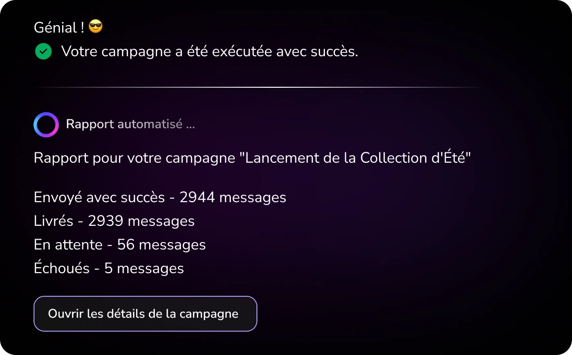 Capture d'écran de l'interface TopAgent montrant des rapports proactifs, où l'IA fournit automatiquement des analyses et des mesures d'engagement sans sollicitation de l'utilisateur.