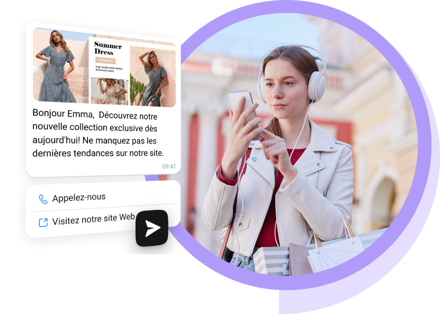 Une jeune femme portant des écouteurs blancs consulte des messages WhatsApp relatifs à ses achats en ligne.