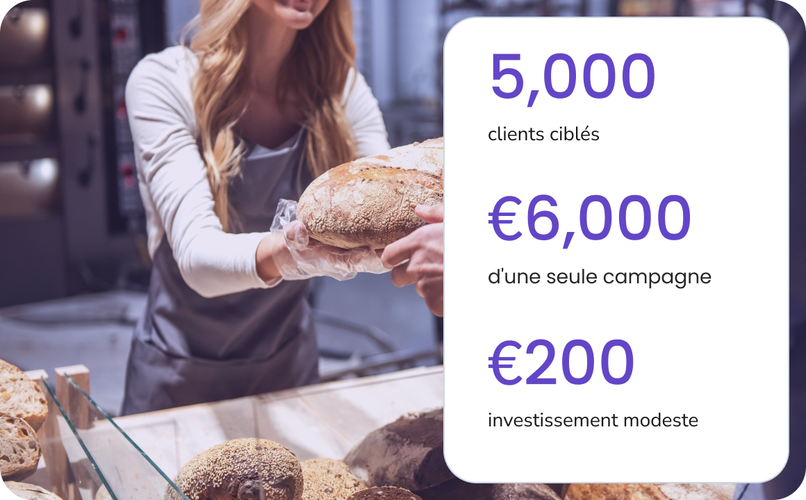 Une jeune femme vendant du pain frais dans une petite boulangerie utilise TopMessage pour gérer la communication avec ses clients.