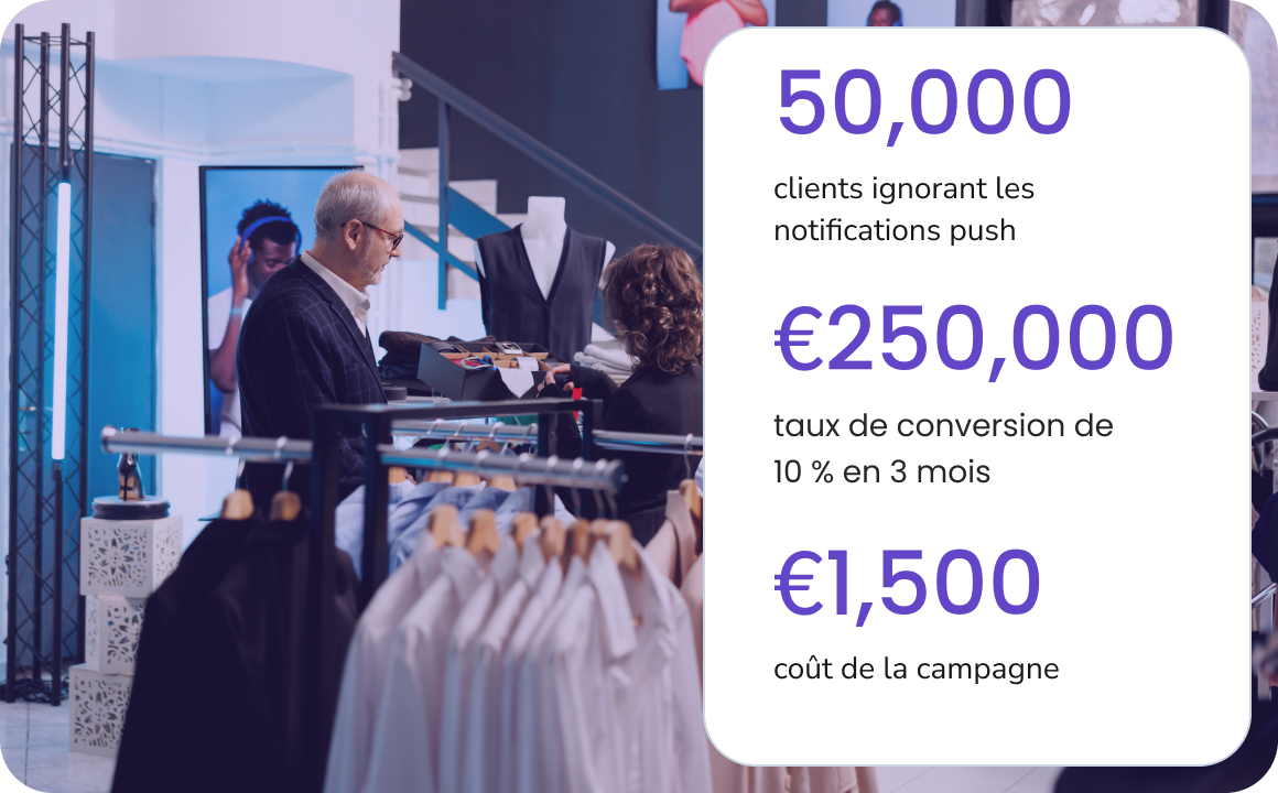 Un homme sélectionne une ceinture dans une boutique de mode utilisant TopMessage pour ses messages SMS professionnels.