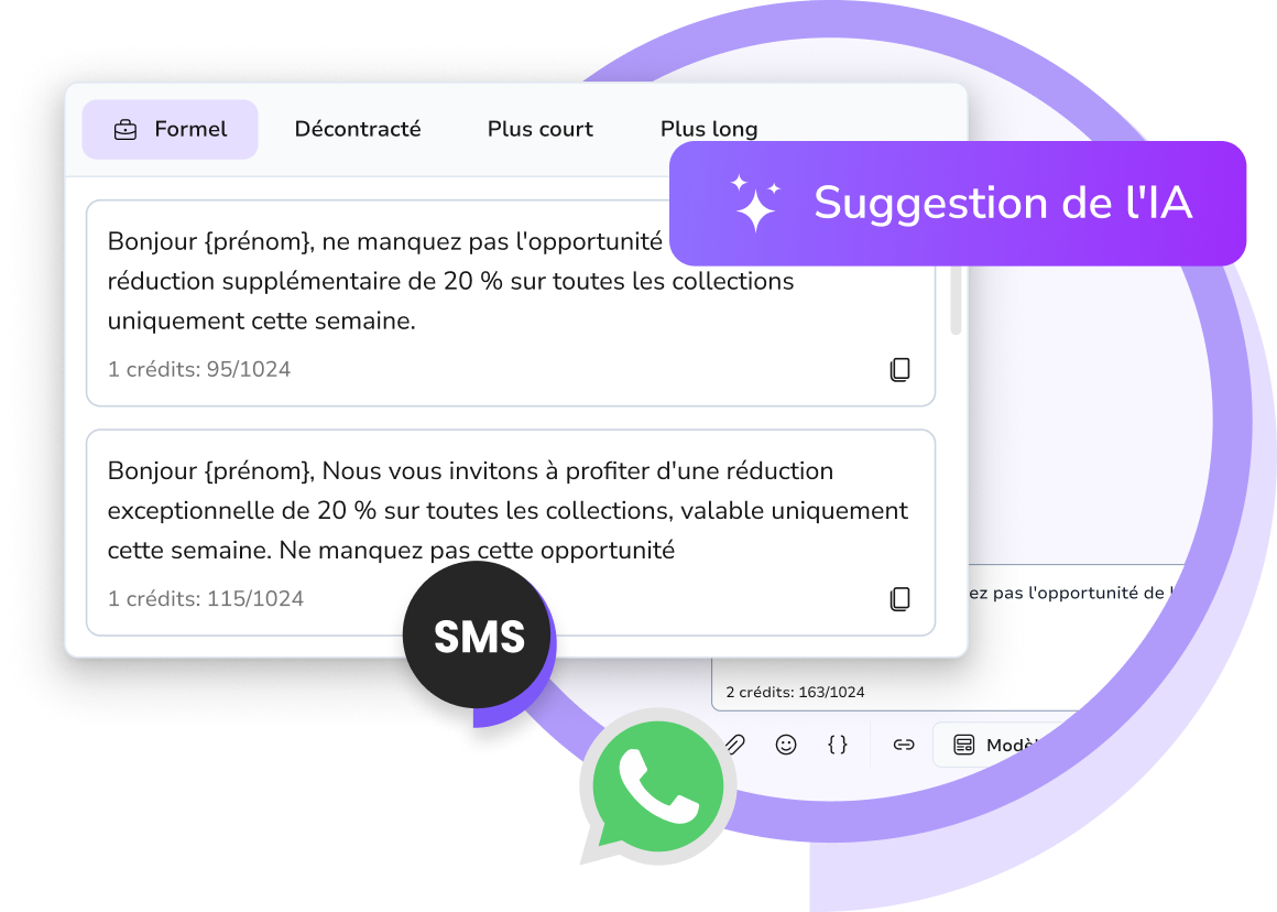 Capture d'écran de TopMessage AI Assistant générant des suggestions de réponses intelligentes et améliorant la messagerie client via SMS et WhatsApp dans la boîte de réception unifiée.