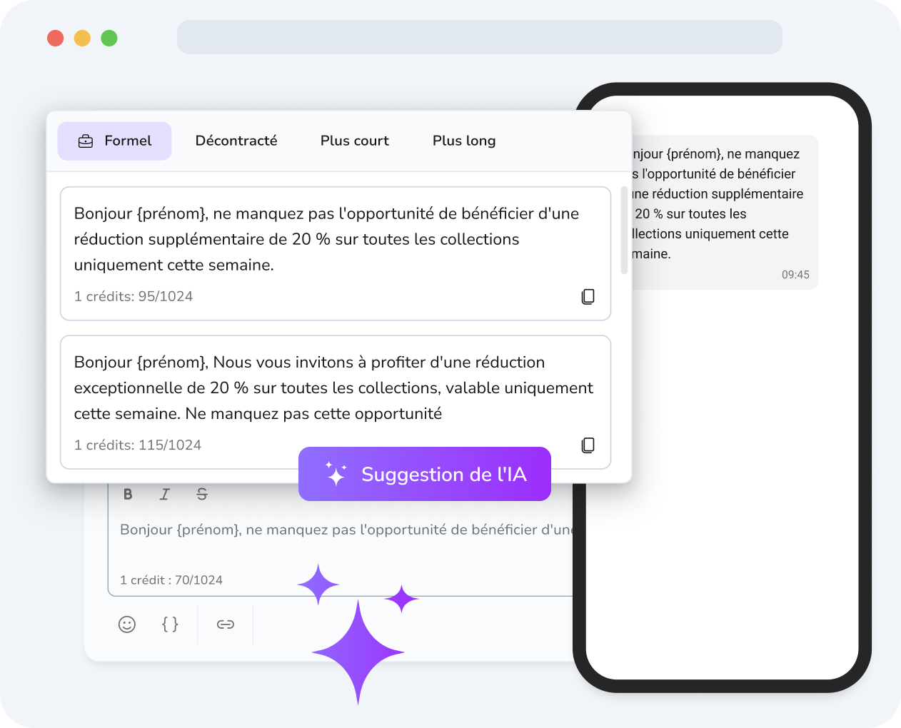 Écran de téléphone montrant TopMessage AI générant des suggestions de réponse intelligentes pour un message SMS client entrant, avec un seul clic pour envoyer.
