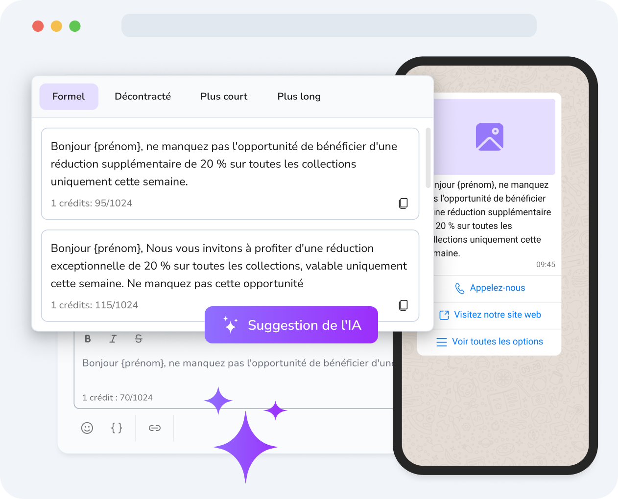 Écran de téléphone montrant TopMessage AI générant des suggestions de réponse intelligentes pour les messages clients entrants sur WhatsApp, avec un seul clic pour envoyer.