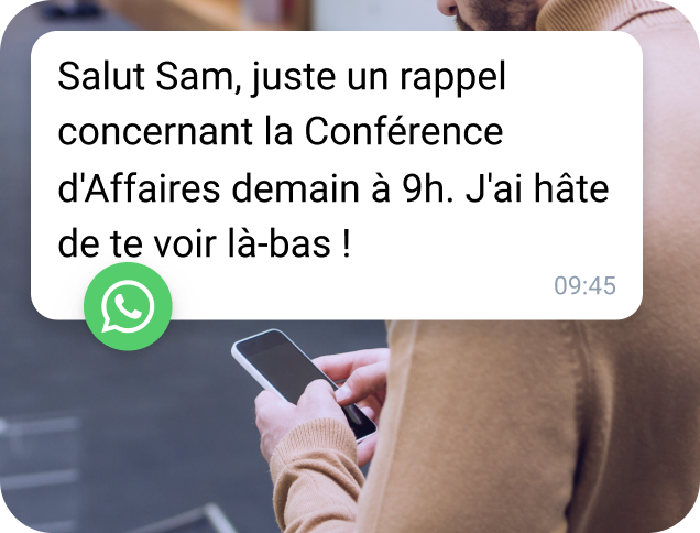 Modèle WhatsApp TopMessage utilisé pour envoyer un rappel personnalisé concernant une conférence à venir.