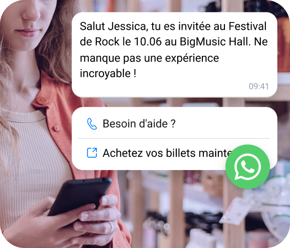 Confirmation par SMS envoyée au contact pour l'achat réussi du billet de festival