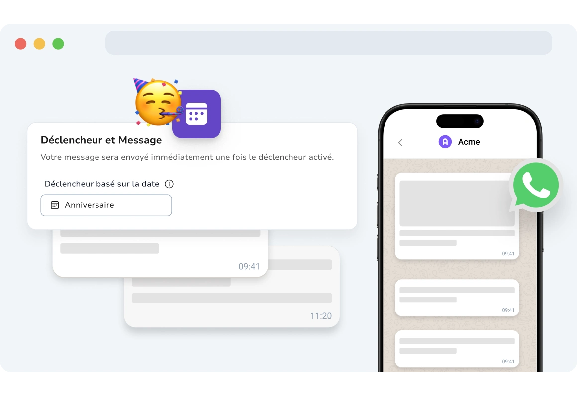 Capture d'écran de la page des campagnes basées sur les dates WhatsApp TopMessage.