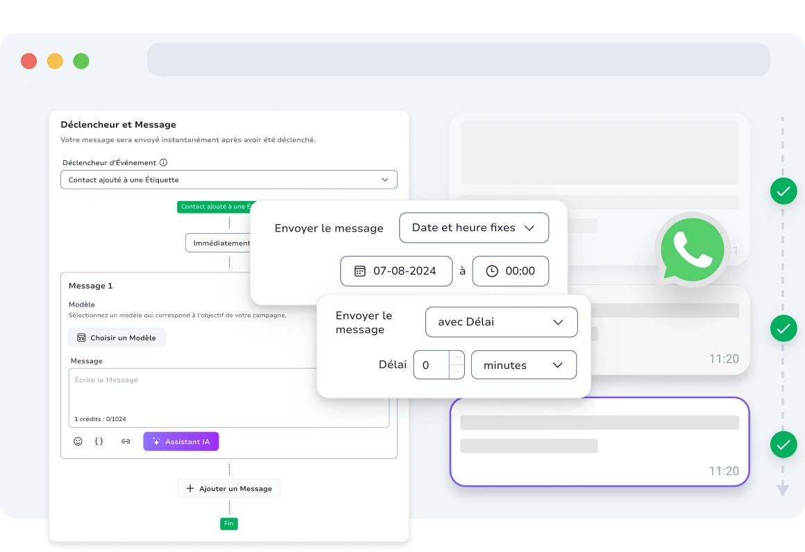 Capture d'écran de la page des campagnes drip WhatsApp TopMessage.