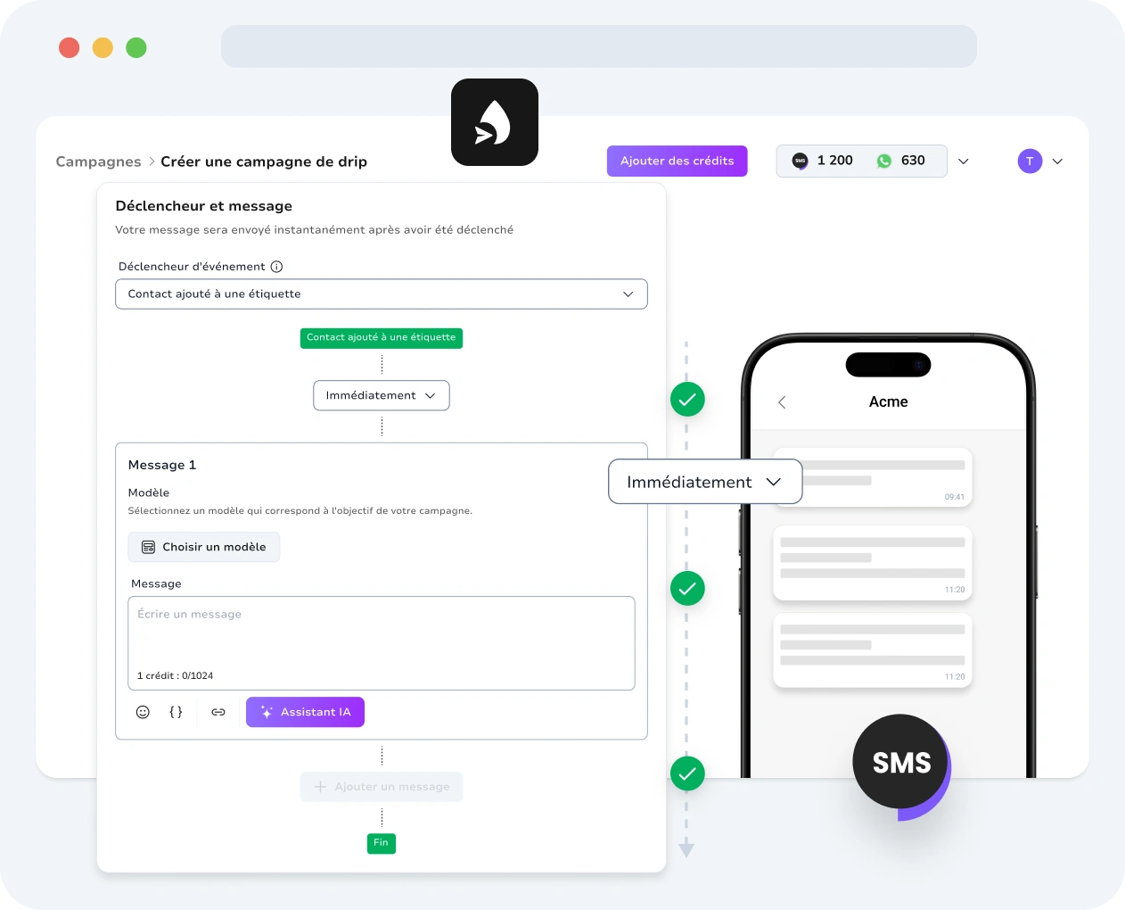 Capture d'écran de l'interface des campagnes SMS automatisées de TopMessage.