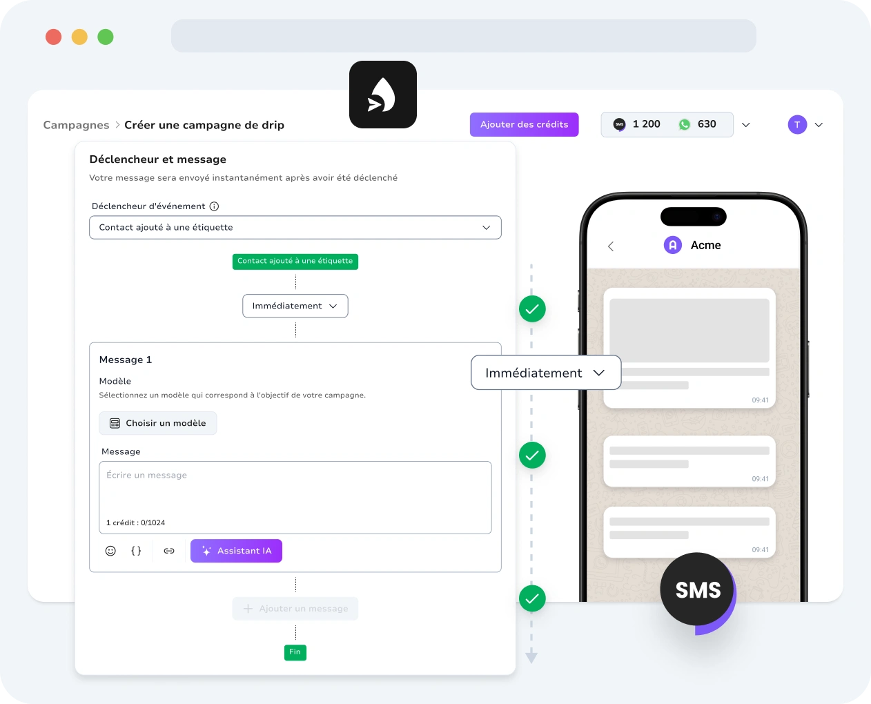 Capture d’écran de l’interface des campagnes WhatsApp automatisées de TopMessage.