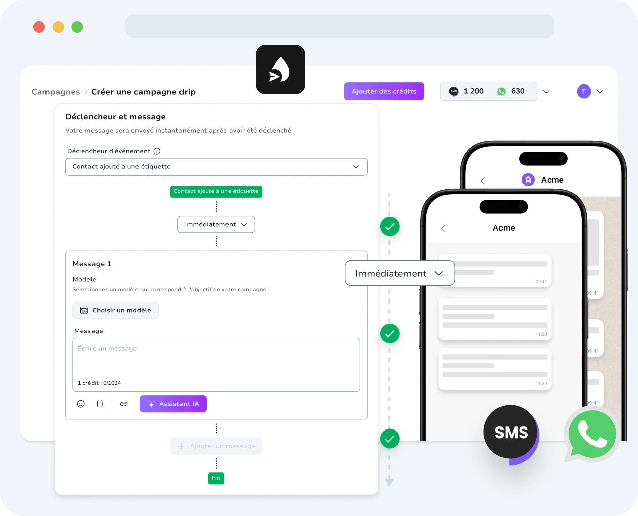 Capture d'écran de l'interface des campagnes de messages automatisés TopMessage