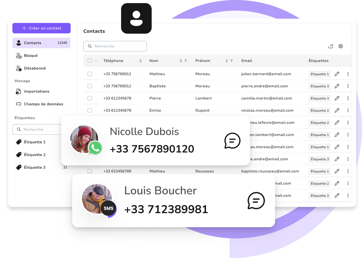 Interface de gestion des contacts TopMessage pour ajouter, segmenter et exporter des contacts pour les campagnes SMS et WhatsApp