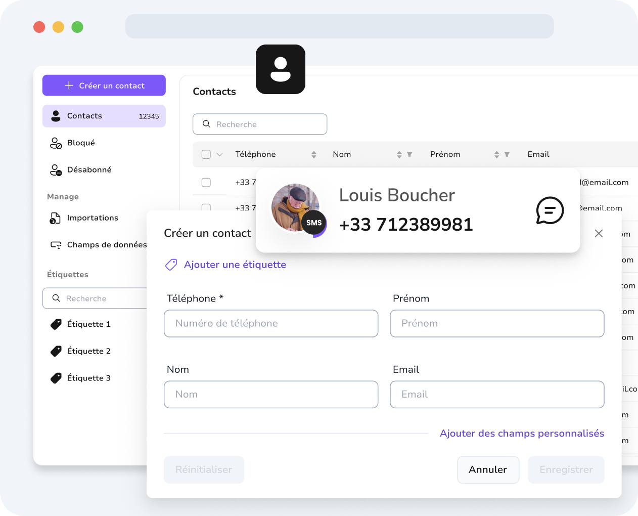Gestion des contacts TopMessage avec champs personnalisés pour personnaliser les messages SMS et WhatsApp
