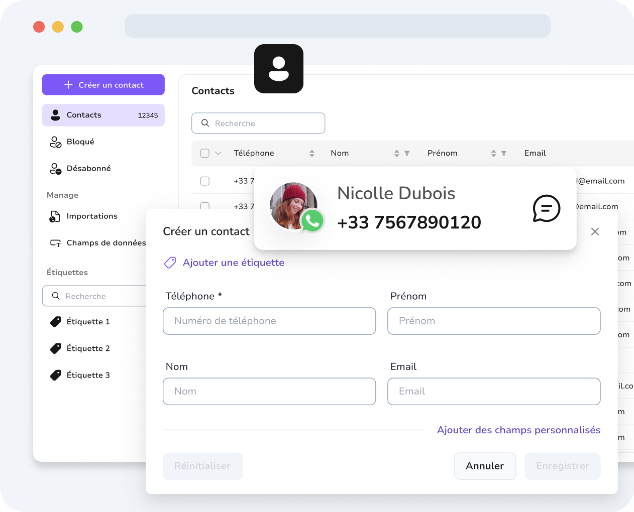 Gestion des contacts TopMessage avec des champs personnalisés pour personnaliser les messages WhatsApp