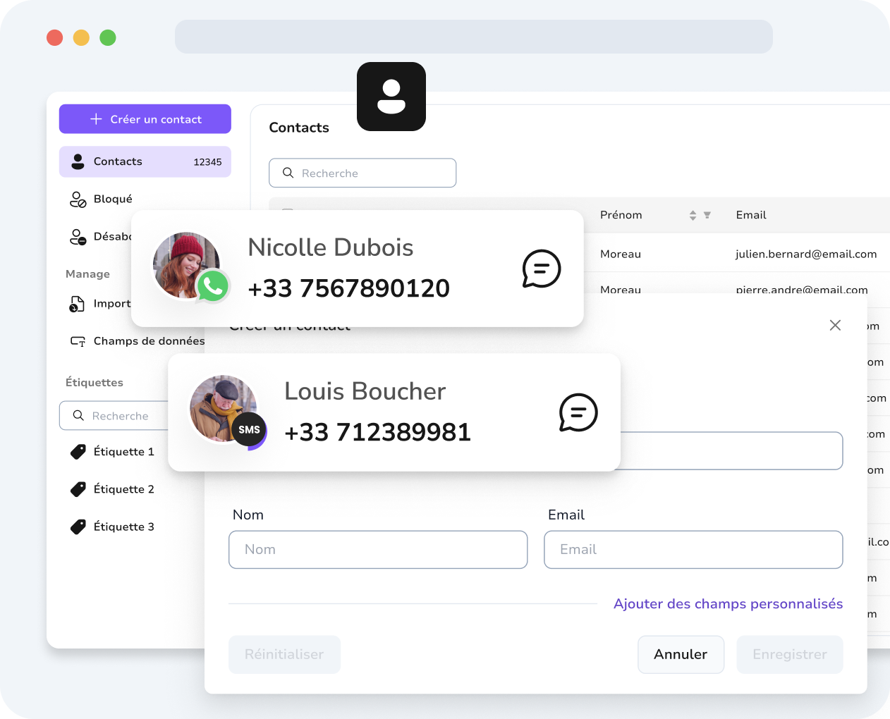 Gestion des contacts TopMessage avec champs personnalisés pour personnaliser les messages SMS et WhatsApp"