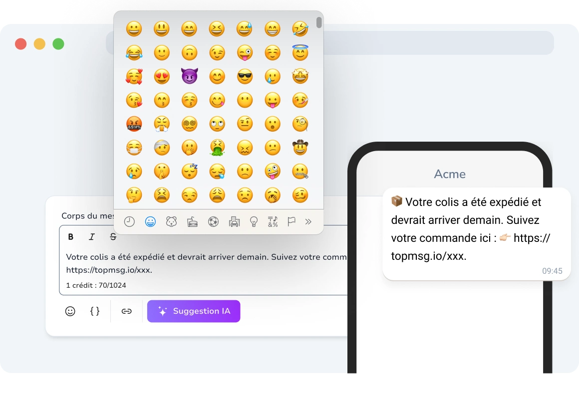 Conversation par chat sur smartphone avec des émojis comme des smileys, des pouces levés et des gestes de la main pour ajouter de la personnalité et de l'engagement.