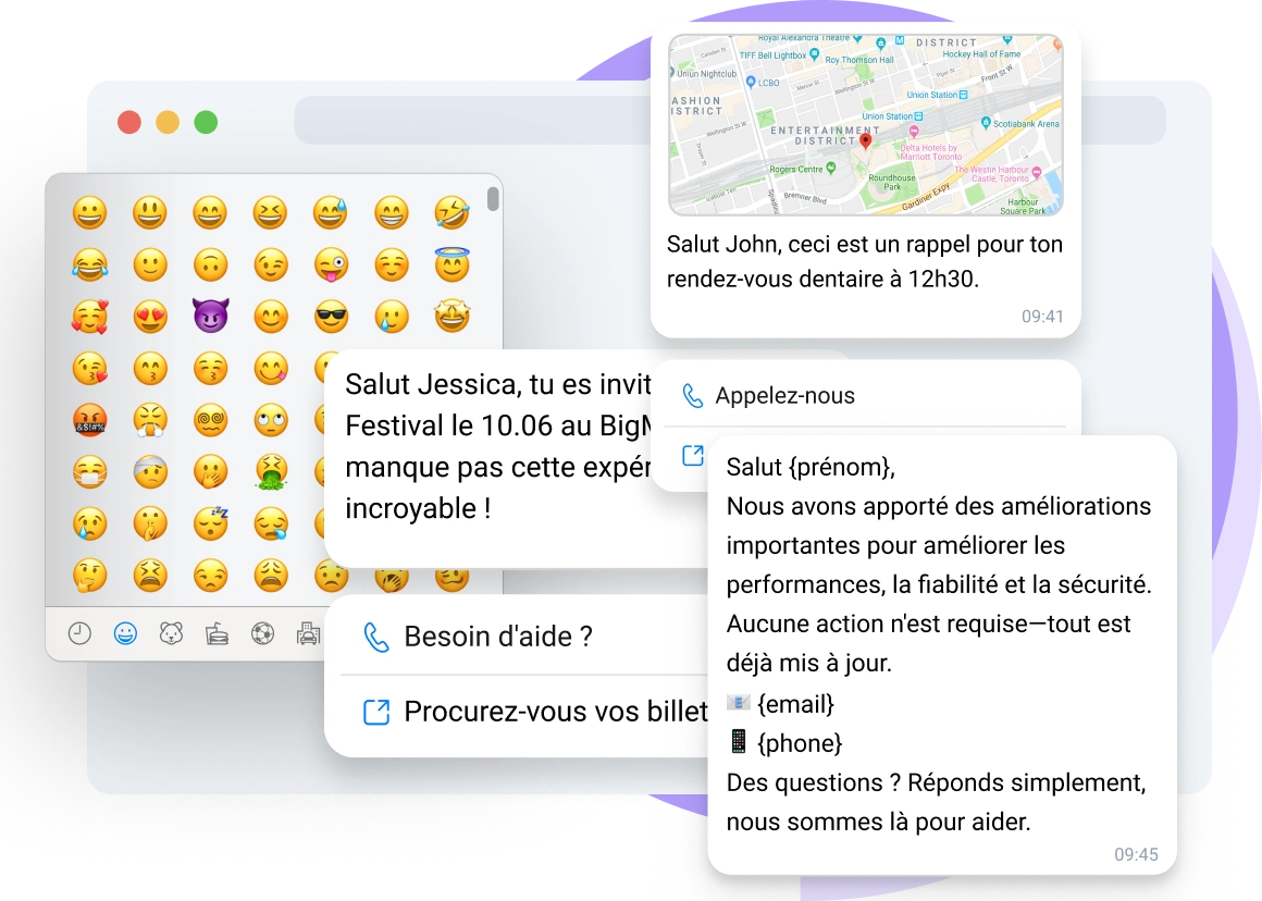 Capture d'écran du tableau de bord TopMessage montrant des messages avec texte enrichi.