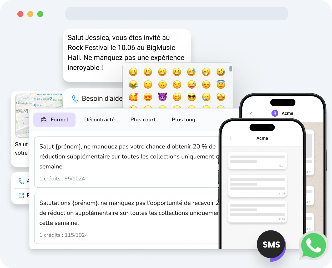 Capture d'écran de l'interface TopMessage montrant l'outil de messagerie enrichie avec contenu multimédia, options de personnalisation et métriques de performance.