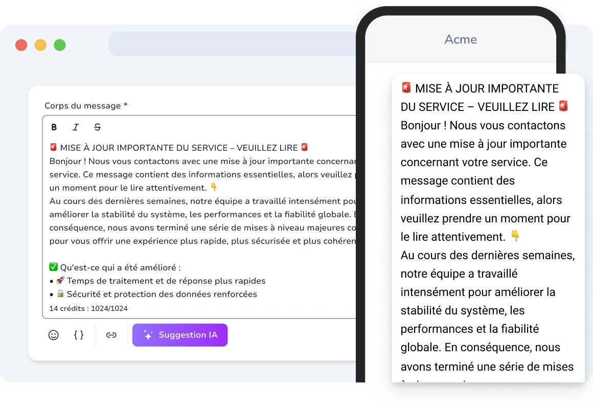 Affichage d'un long SMS jusqu'à 1024 caractères, délivrant des informations complètes en un seul message sans diviser le contenu.