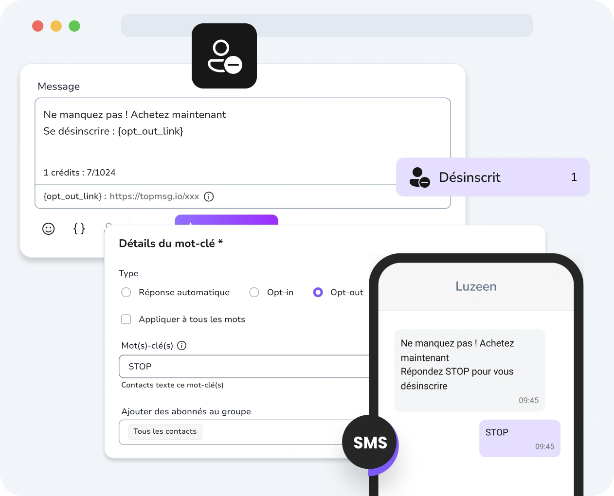 Capture d'écran de l'interface des campagnes de marketing automatisées de TopMessage, avec les options de désabonnement clairement affichées.