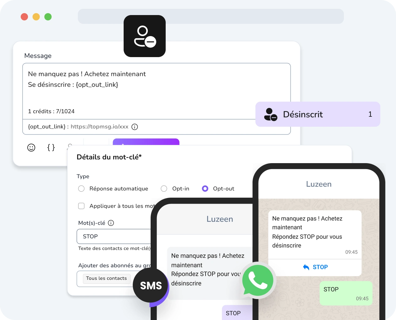 Capture d'écran de l'interface des campagnes goutte à goutte (drip campaigns) de TopMessage avec les options de désabonnement clairement affichées.