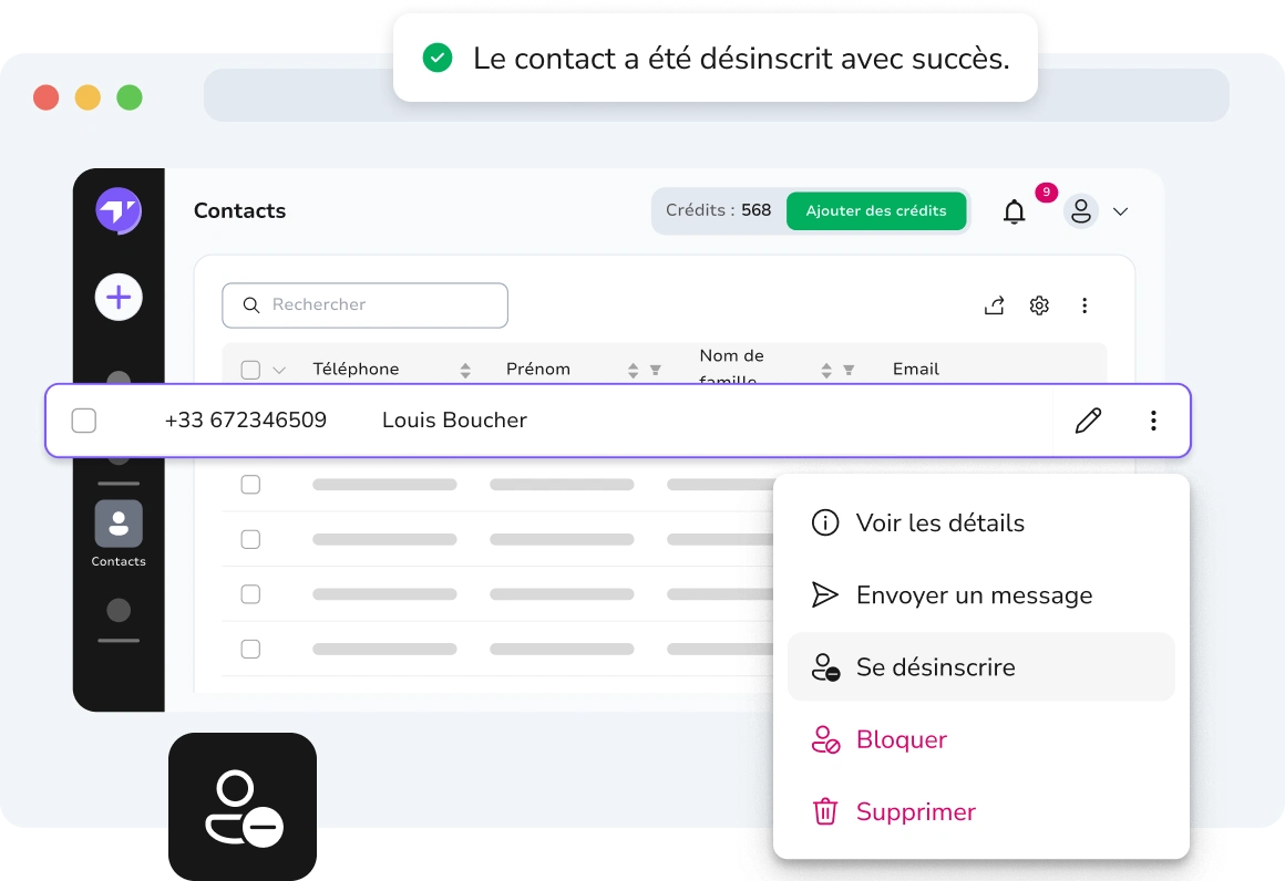 Interface TopMessage montrant une action de désabonnement manuel effectuée pour un contact SMS.