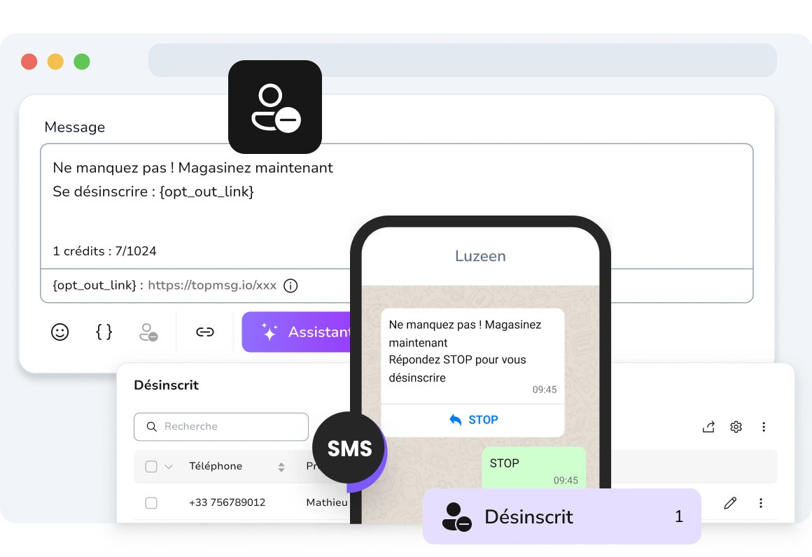Illustration montrant une conversation WhatsApp où l'utilisateur envoie "STOP" ou "ANNULER" pour se désabonner automatiquement des futurs messages.