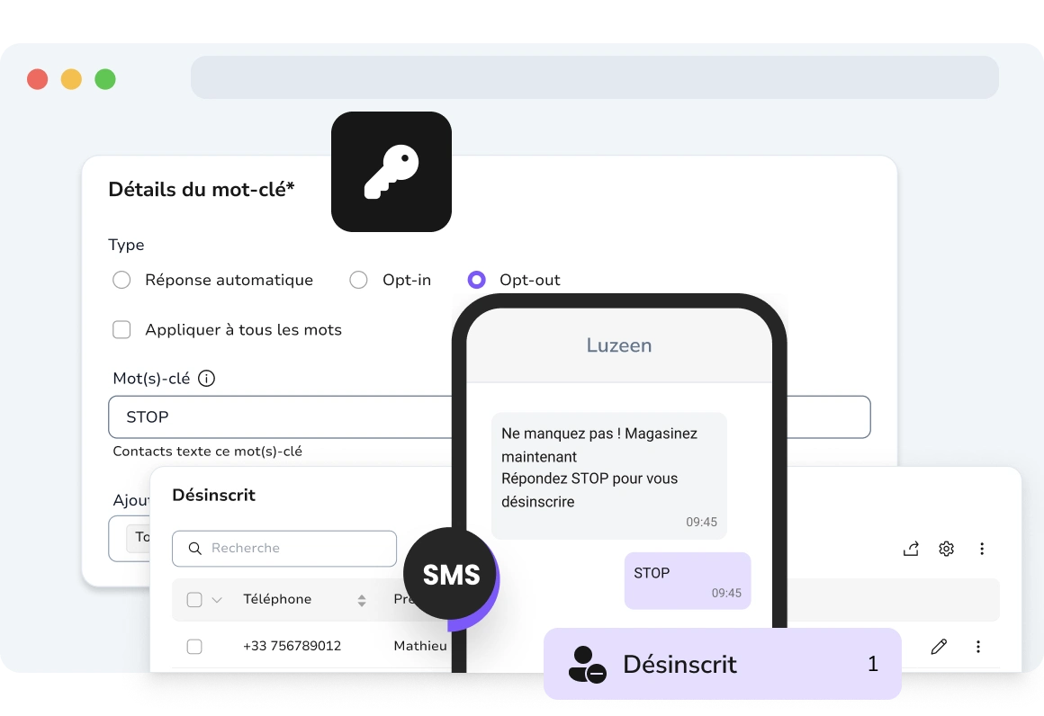 Illustration montrant une conversation SMS où l'utilisateur envoie "STOP" ou "ANNULER" pour se désabonner automatiquement des futurs messages.