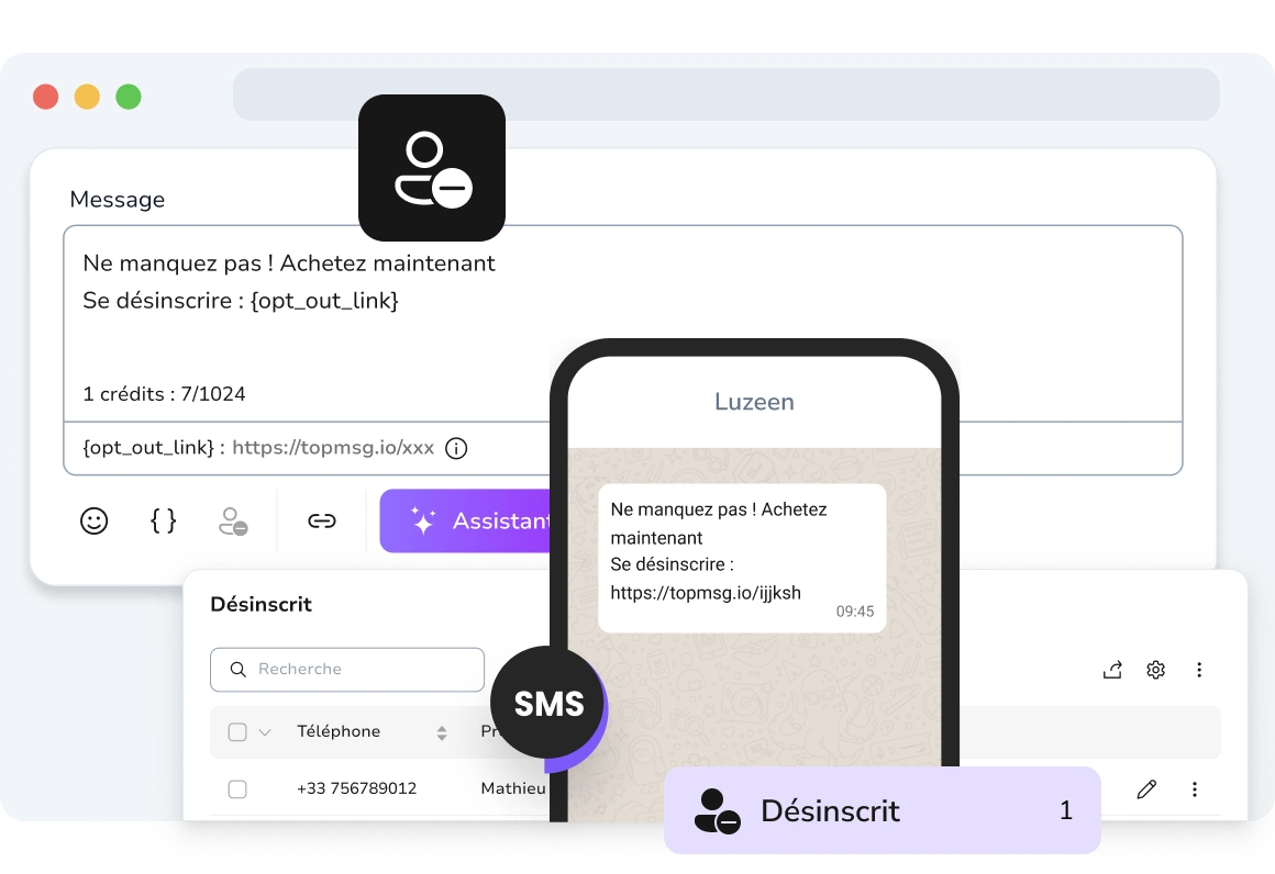 Illustration montrant un message WhatsApp avec un lien de désabonnement cliquable, permettant au destinataire de se désabonner et d'être ajouté à la liste des contacts désabonnés.