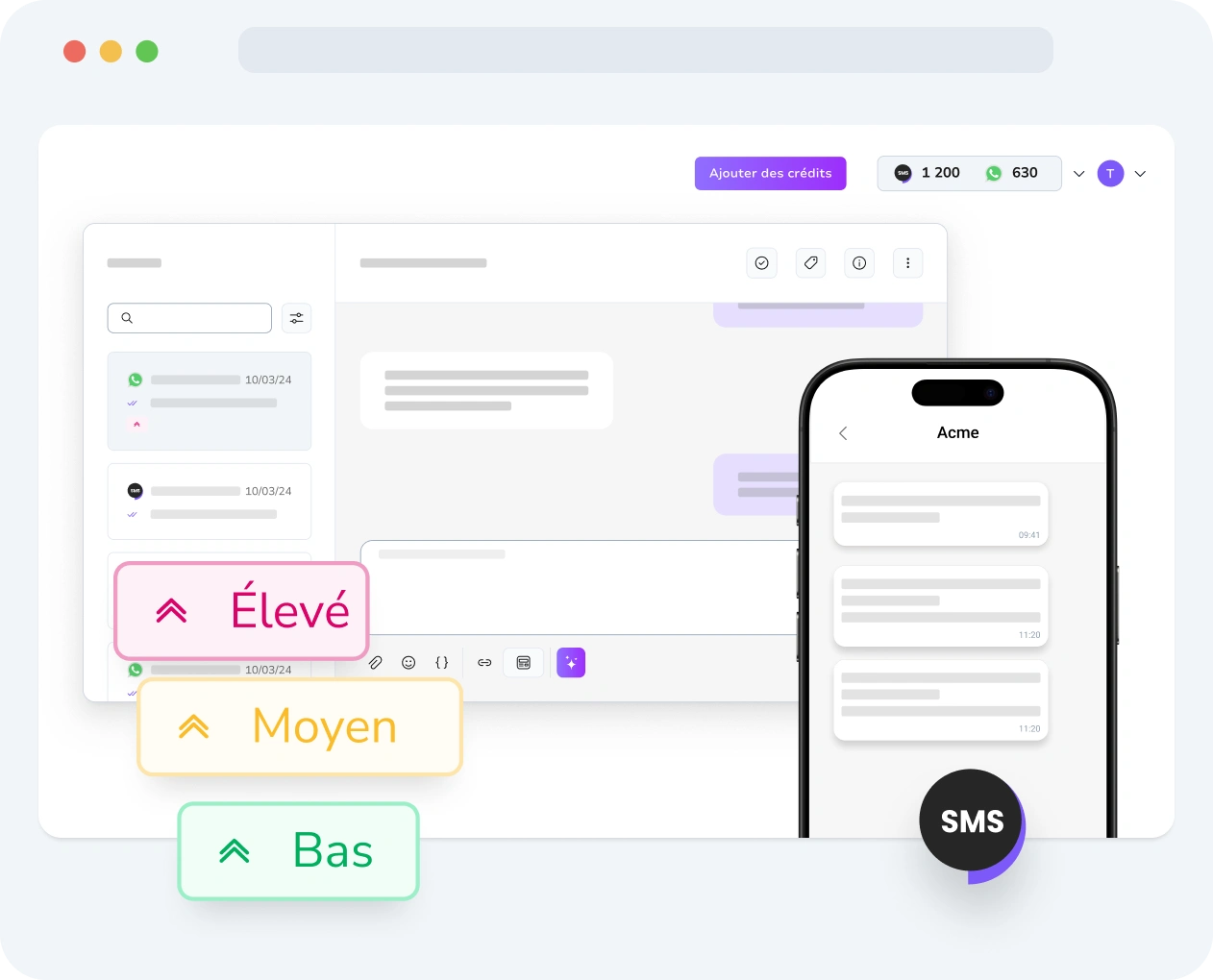 Interface affichant les paramètres de priorité des messages SMS et les mesures de performance dans TopMessage.