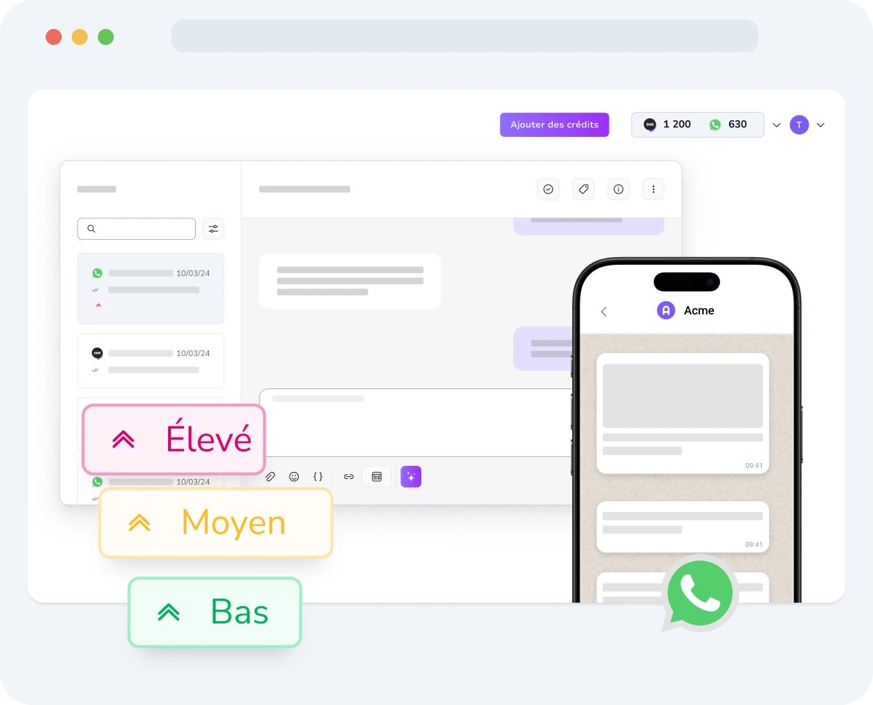 Interface affichant les paramètres de priorité des messages WhatsApp et les mesures de performance dans TopMessage.
