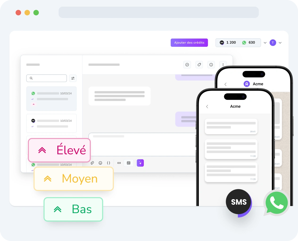 Capture d'écran de l'interface TopMessage affichant la configuration de la priorisation des messages et les mesures de performance.
